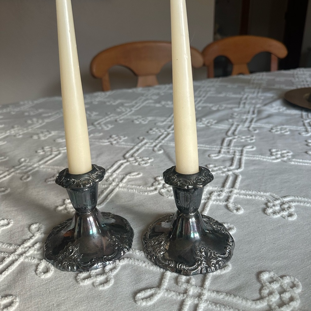 Vintage 4 inch Wallace silver plate, candleholders with candles